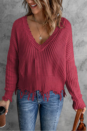 Casual Tassel Hem Pullover V Neck Sweater