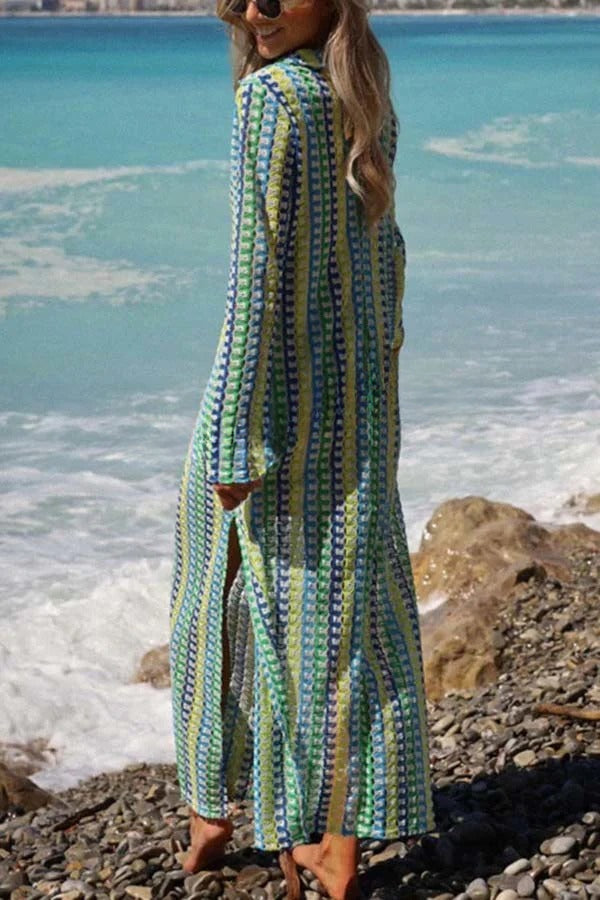 Eleanor Knit Colorful Wave Unique Print Shirt U-neck Long Sleeve Slit Maxi Dress