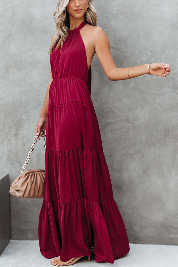 Elegant Halter Neck Tie Striped Pleated Dress