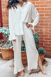 Fashion Set Pleated Shirt Long Sleeve Slit Trousers Set