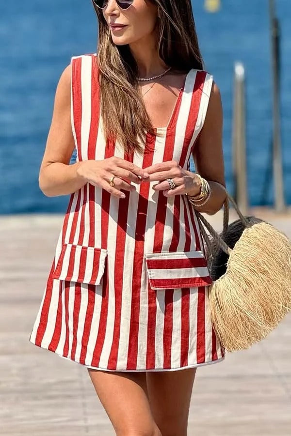 Sunny Views Thick Striped Print Wide Strap Flap A-line Mini Dress