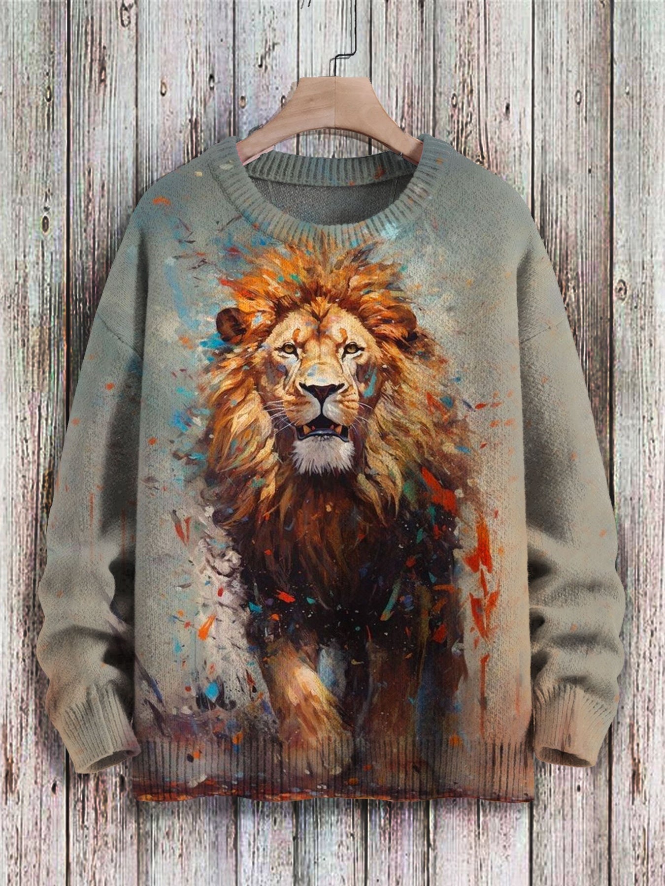 Lion Art Print Knit Pullover Sweater