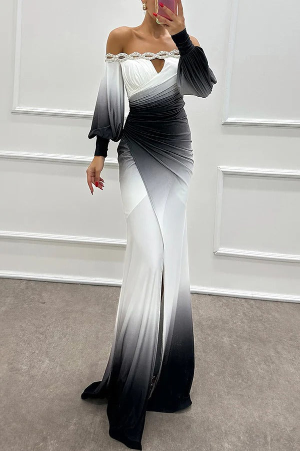 Robe longue Julieta à imprimé dégradé, col bateau, épaules dénudées, détails de pierres précieuses, fente