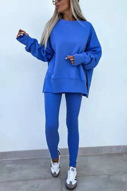 Solid Color Loose Long Sleeve SlitSweatshirt and Elastic Waist Tight Pants Set