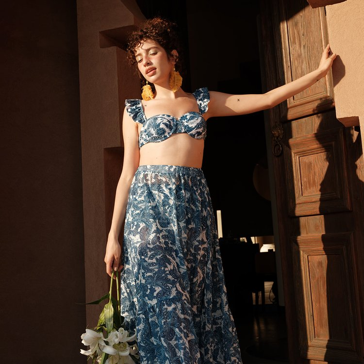 Maillot de bain une pièce bleu à volants et jupe imprimés swimgirls 