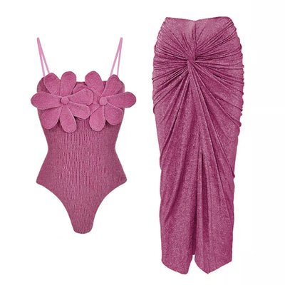 Shiny Texture Pleated Design Flower One Piece Swimsuit and Skirt