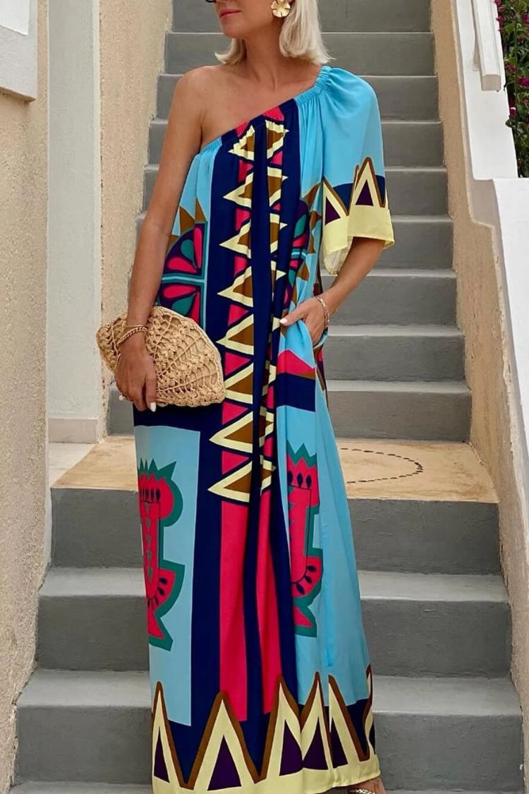 Color Boost – Maxikleid mit einzigartigem Print und einer Schulter, Glockenärmeln und Taschen