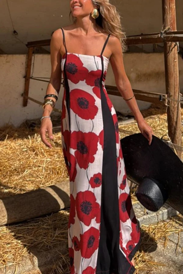 Robe longue plissée à bretelles et imprimé floral