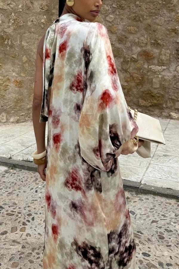 Ninah Satin Tie-dye Print Tie-up Neck One Sleeve H-line Maxi Dress
