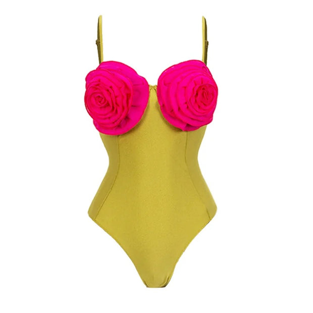 Color Block 3D Flower One Piece Swimsuit and Skirt