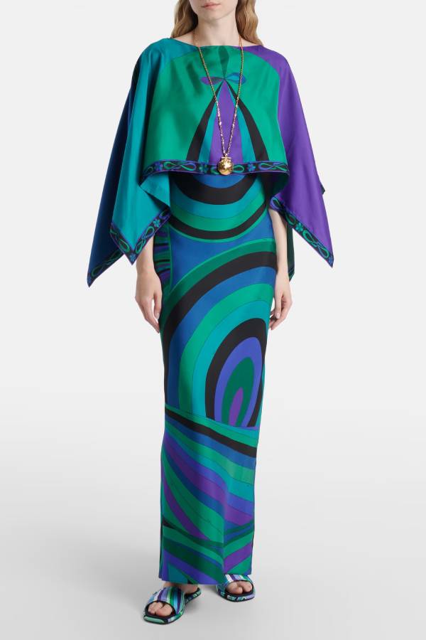 Mykonos Getaway Satin Unique Print Flowy Cape Sleeve Maxi Dress