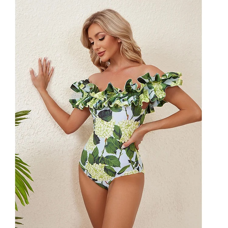 Maillot de bain une pièce imprimé épaules dénudées et jupe 