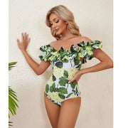 Off Shoulder Printed One Piece Swimsuit and Skirt