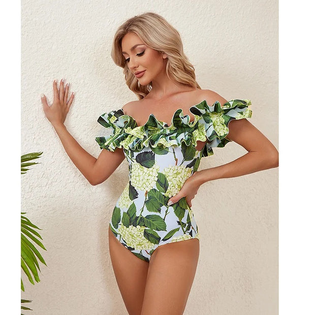 Off Shoulder Printed One Piece Swimsuit and Skirt