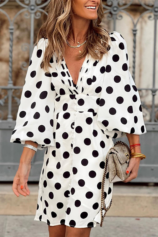 Always The One Polka Dot Button Puff Sleeve Mini Dress