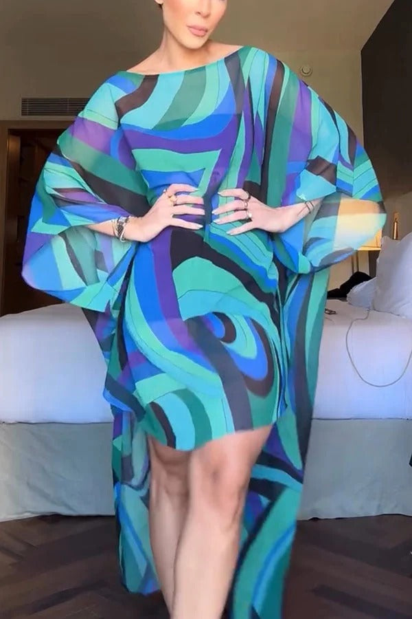Tamia Sheer Unique Print High Low Hem Loose Kaftan Maxi Dress