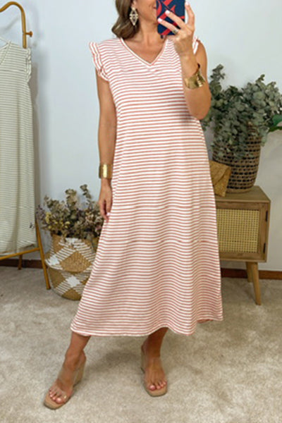 Striped Fly Sleeve V-Neck Casual Dress