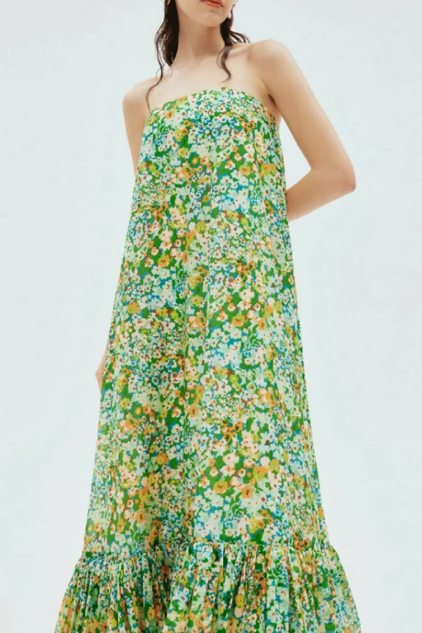 Robe ample bustier à fleurs vertes