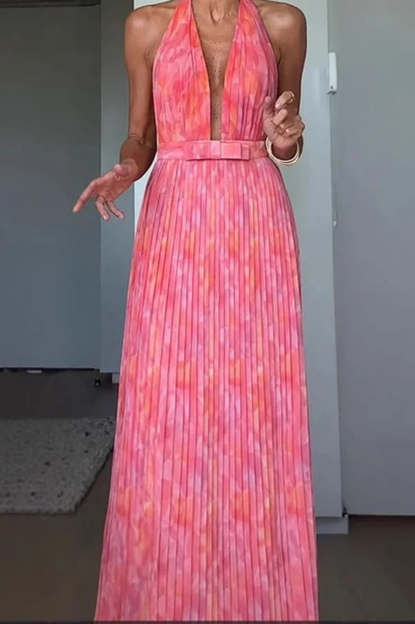 Robe longue plissée à imprimé unique et sexy, col licou, pour les vacances