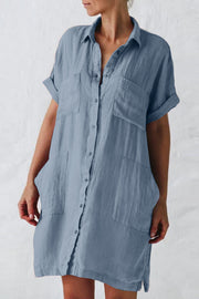 Cotton Linen Long Sleeve Irregular Pocket Dress Shirt Dress