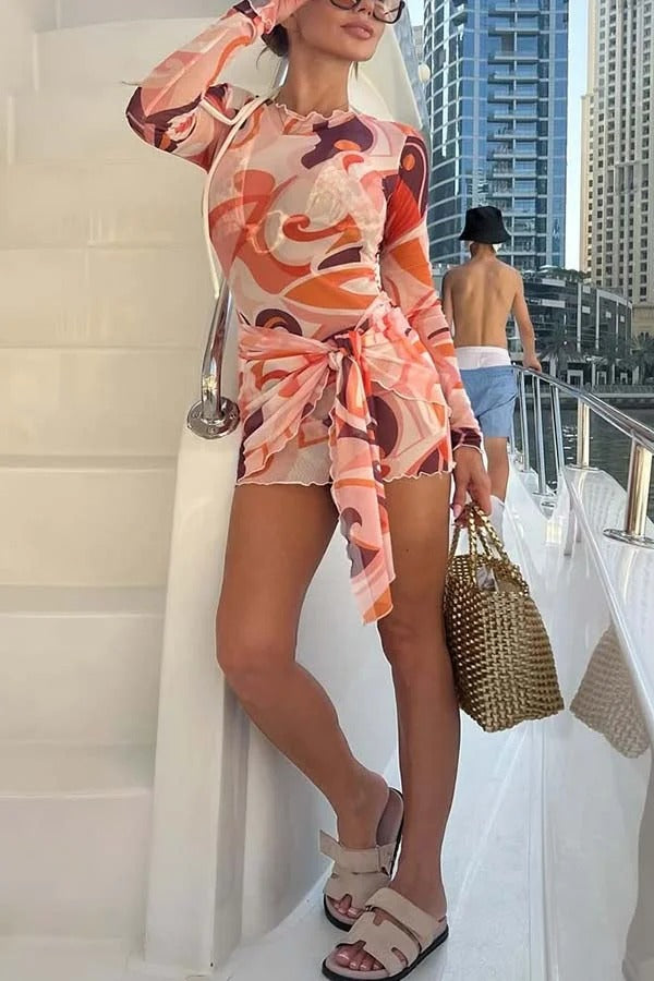 Cienna Mesh Unique Print Long Sleeve Tie-up Sarong Stretch Mini Dress