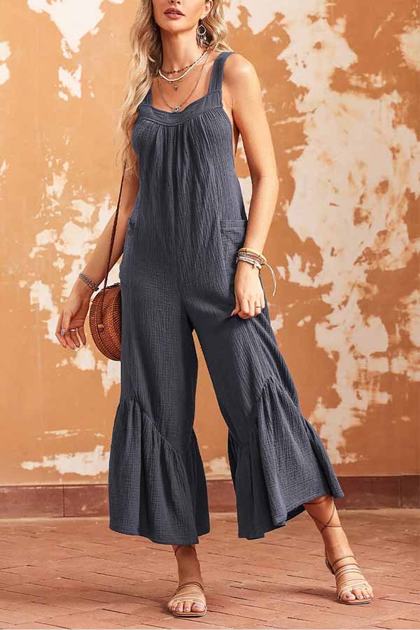 Grey Solid Color Sleeveless Flare Leg Jumpsuit with Pockets