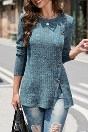 Street Solid Buttons O Neck Tops