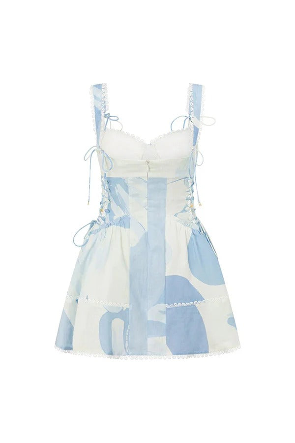 Robe courte Avere en lin mélangé à imprimé unique, bordure festonnée et lacets sur les côtés