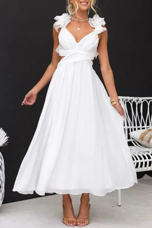 Robe longue de luxe à volants floraux et lacets dans le dos avec taille élastique