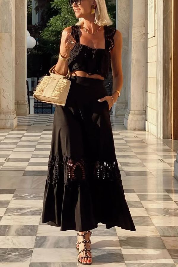 Summer City Hollow Lace Crop Tank and Elastic Waist Pocketed A-line Maxi Skirt Set