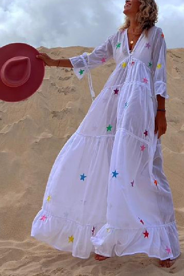 Kenan White Star V Neck Pleated Maxi Dress