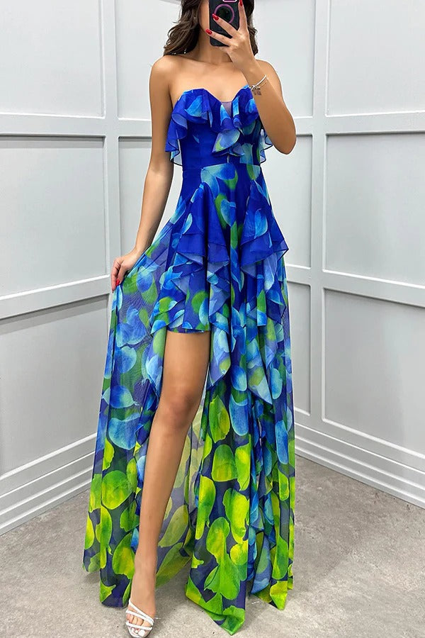 Robe longue fluide à volants superposés et imprimé dégradé Loving Moment, sans bretelles et fendue