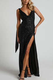 All The Sparkle Sequin Cowl Neck Backless Slit Stretch Maxi Dress