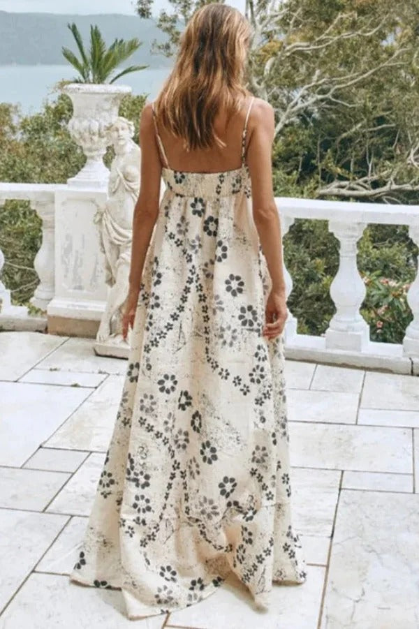 Robe longue dos nu à bretelles et imprimé floral en mélange de lin