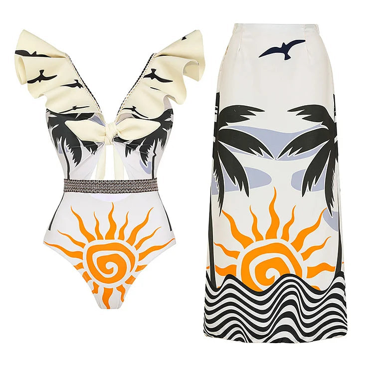 Maillot de bain une pièce à lacets et col en V avec volants et chaîne imprimée 