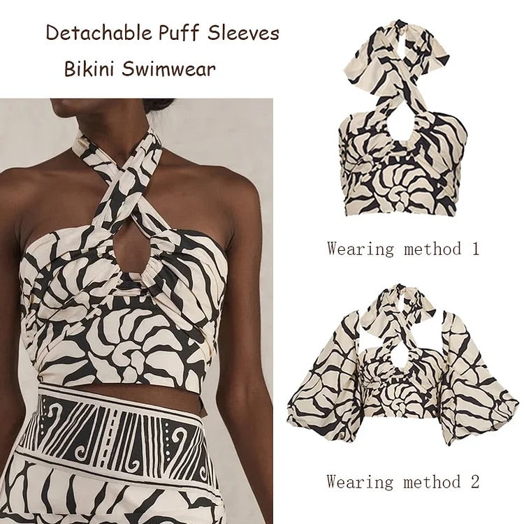 Maillot de bain et jupe bikini imprimés à manches bouffantes amovibles 