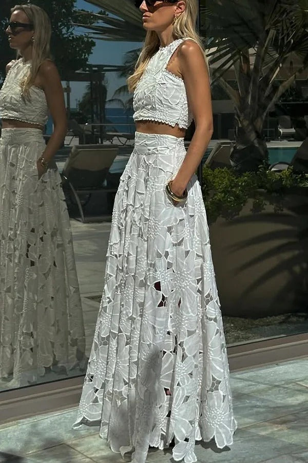 Next Trip Floral Embroidery Crochet Lace Crop Tank Top