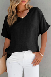 Solid Color V Neck Short Sleeve Blouse