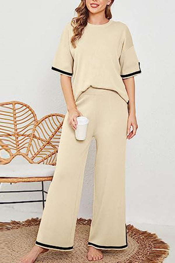 Lounge or Casual Wear Knit Patchwork Color Block Short Sleeve Top and Elastic Wide Leg Pants