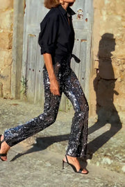 Pursue Shine Sequin High Rise Elastic Waist Flare Pants