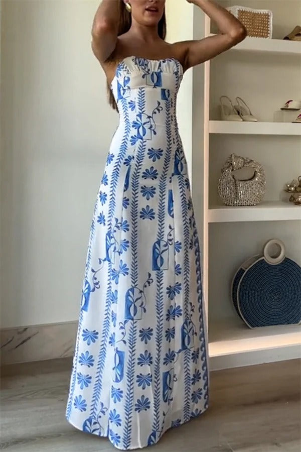 Robe longue bustier froncée à imprimé floral et vagues en lin mélangé Freya