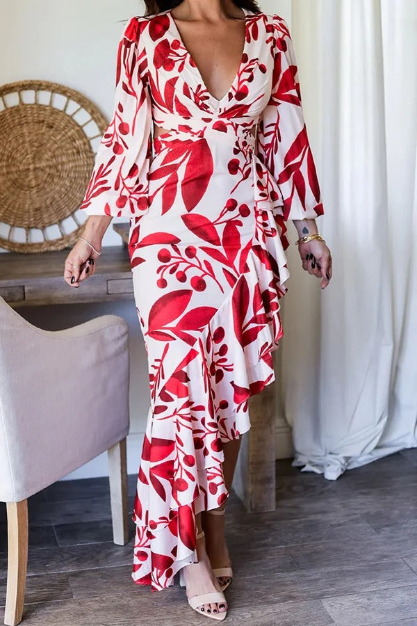 Robe longue fendue dos nu à volants et imprimé tie-dye, prête pour une soirée formelle