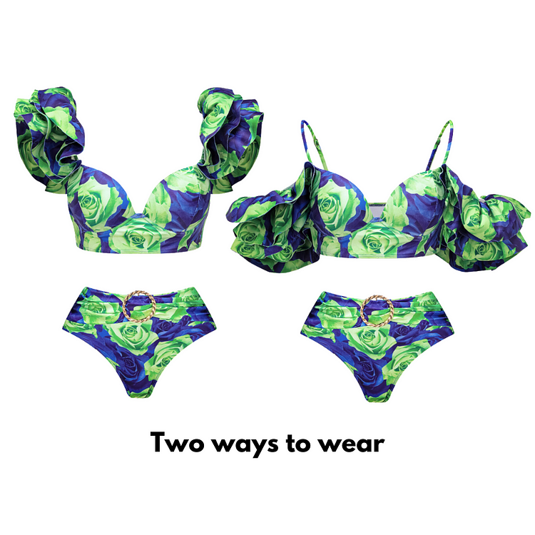 Maillot de bain et jupe bikini à gros volants contrastés bleu vert et rose 