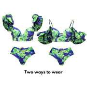 Blue Green Rose Big Ruffle Contrast Print Bikini Swimsuit and Skirt