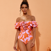 Off Shoulder Ruffle Printed One Piece Swimsuit and Skirt