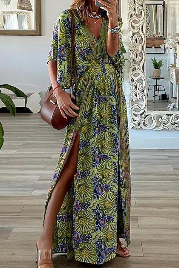 Bohemian Vintage Print Slit V Neck A Line Dresses