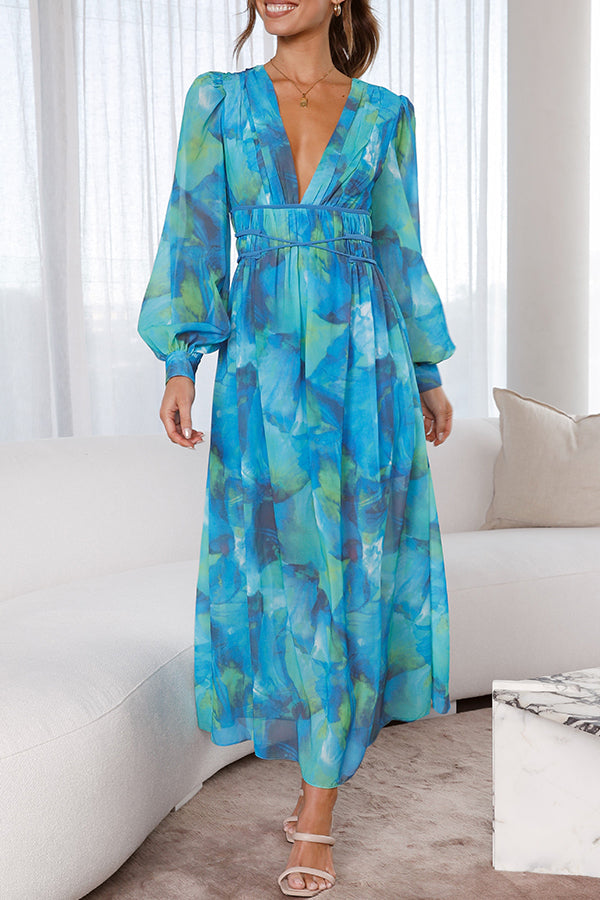 Kayla Blue Floral Bubble Long Sleeve Maxi Dress