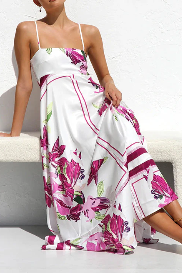 Spaghetti Strap High Waist Floral Print Swing Maxi Vacation Dress