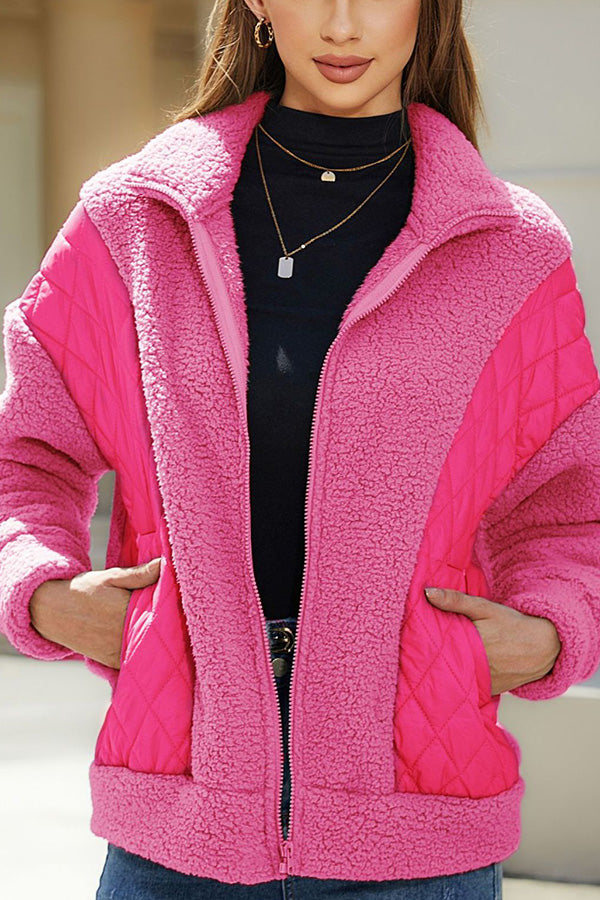 Fashion long sleeve cardigan zipper plush patchwork women's jacket