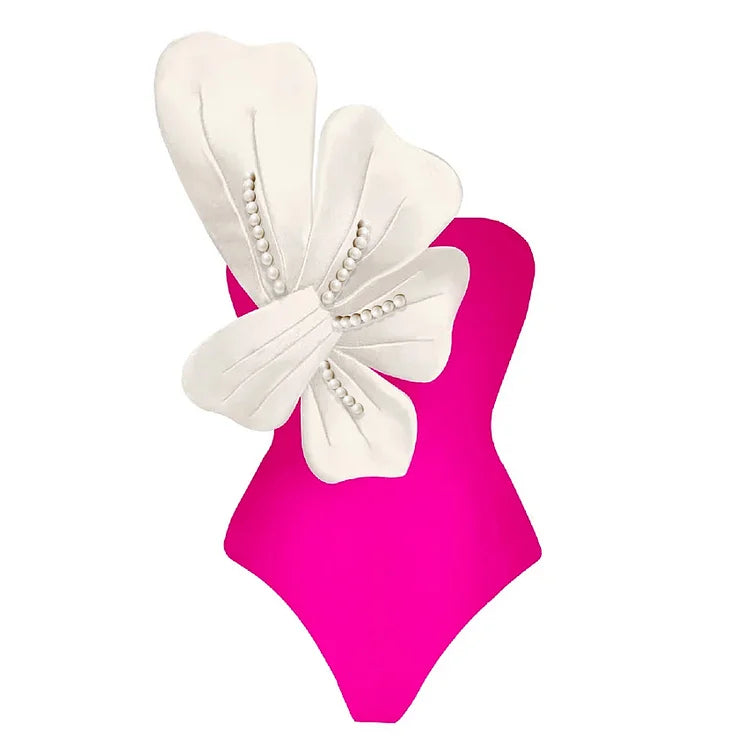 3D Pearl Flower One Shoulder One Piece Swimsuit